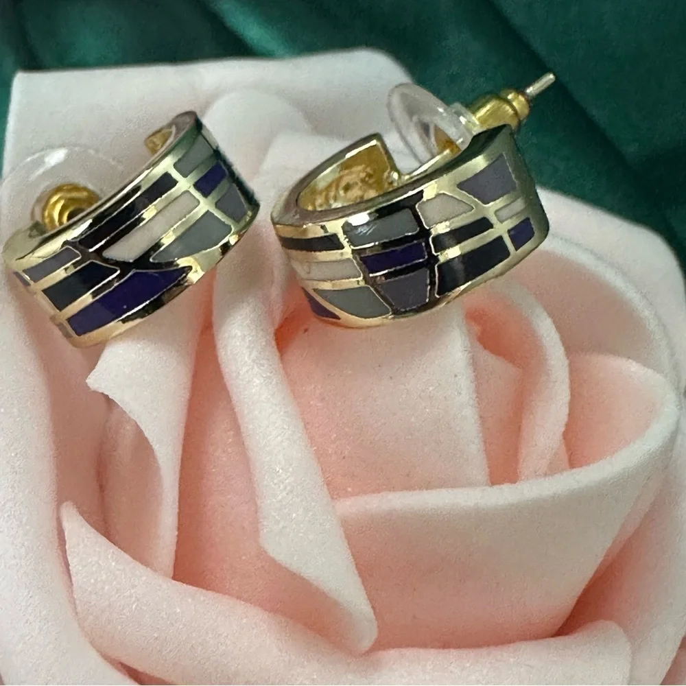 Gold-Plated Enamel Inlay Hoop Earrings • Purple & Lilac Mosaic